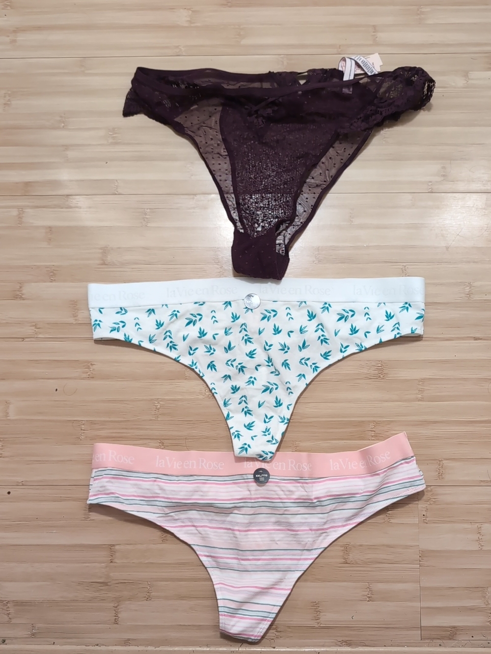 3-Pack Women's Thong Set — Black Lace, White Leaf Print, Pink Stripes